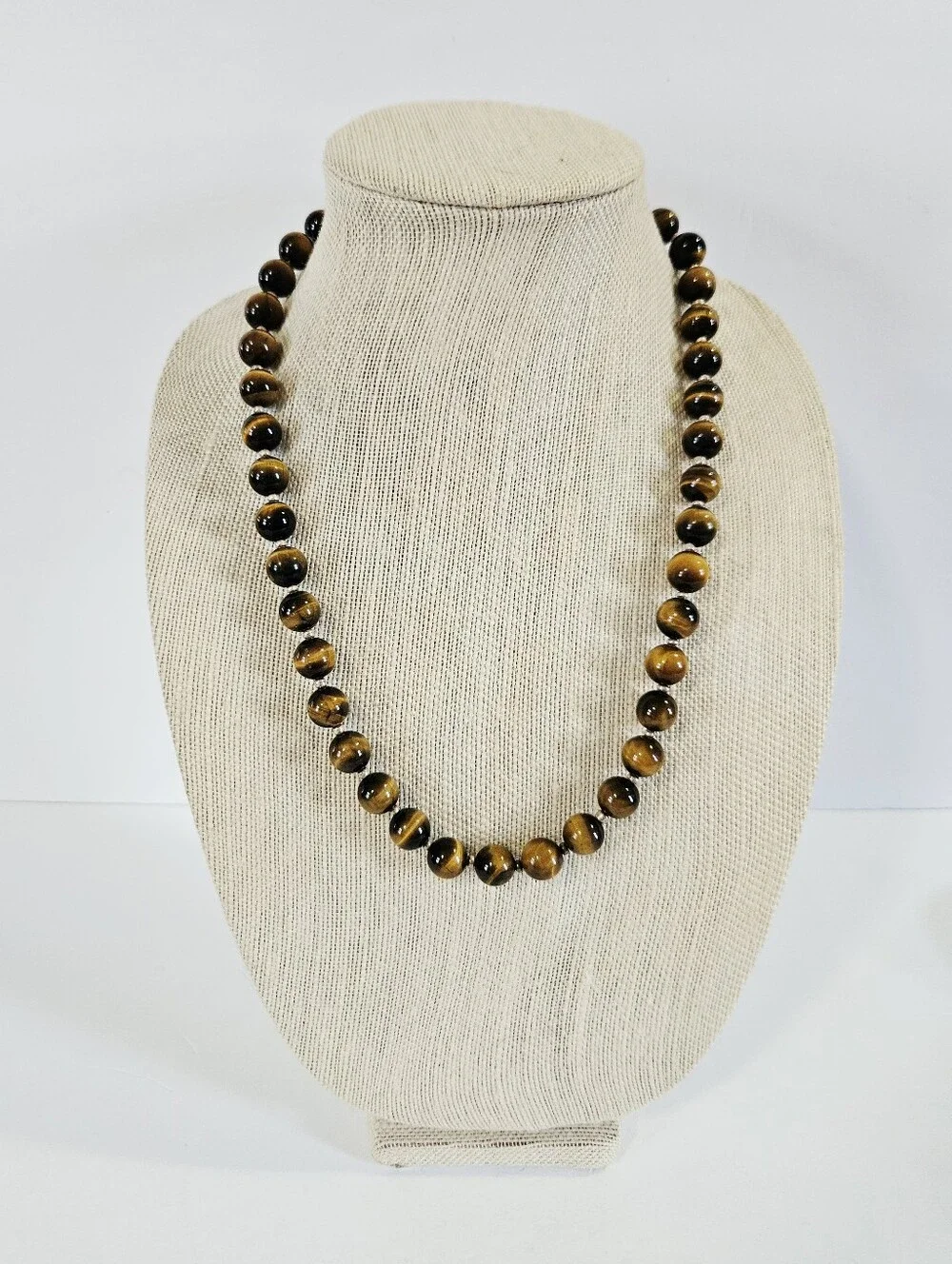Vintage Tigers Eye Chatoyant Sterling Silver Clasp Long Round Beaded Necklace